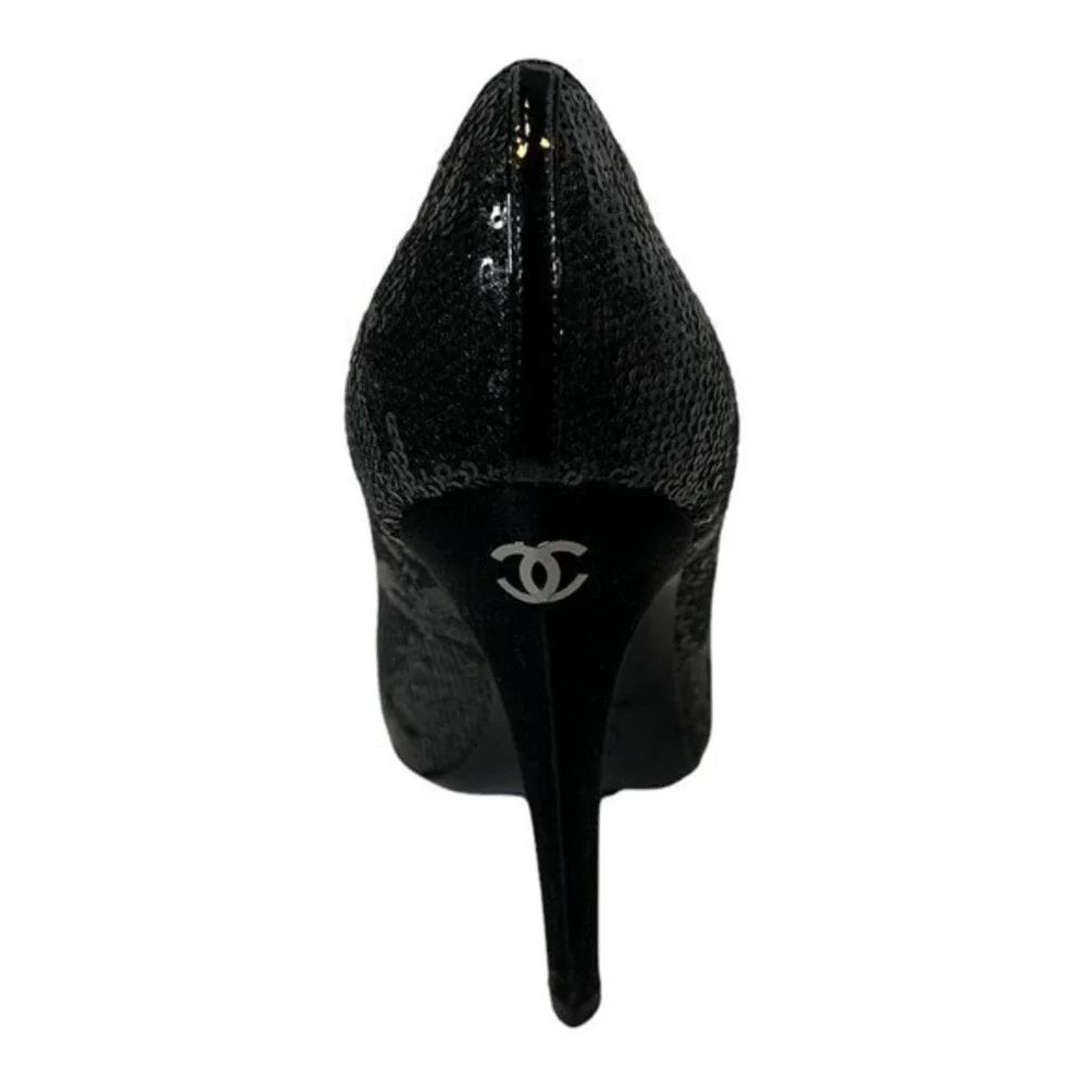 Chanel Pumps Women Black Sequin Round Toe CC Logo Stiletto Heels Made in‎ Italy